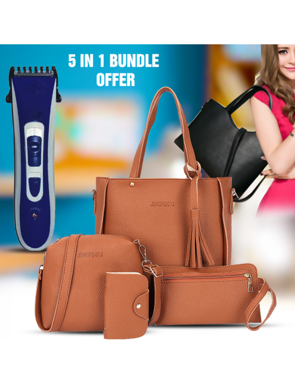 5 in 1 Bundle Offer, Ladies Fashion 4pcs Hand Bag, LBG1, Aknova  Rechargeable Hair Trimmer, AK8802
