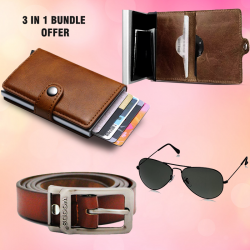 3 In 1 Bundle Offer, Automatic wallets PU leather business and credit card pop up mini slim wallet 14 cards holder, Woods Genuine Leather Belt For Men, Brightest Sunglasses Unisex 3B