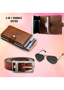 3 In 1 Bundle Offer, Automatic wallets PU leather business and credit card pop up mini slim wallet 14 cards holder, Woods Genuine Leather Belt For Men, Brightest Sunglasses Unisex 3B