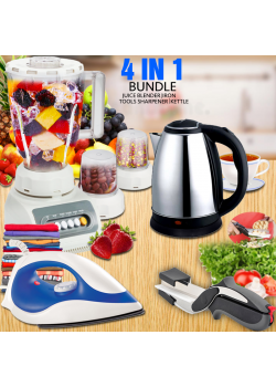 Buy 4 in 1 Bundle Offer, Top Sonic 2 in 1 Juice Blender 1.5 Liters Jar 4 Speed 350w, Cyber Non-stick Sole Plate Dry Iron 1200 Watts, Zaiba 2.0 Litre Stainless Steel Kettle, Clever Cutter 2 in 1 Knife & Cutting Board, Ts999