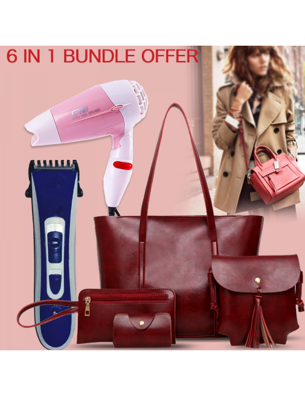 6 in 1 Bundle Offer, Ladies Fashion 4pcs Hand Bag, LBG1, Aknova  Rechargeable Hair Trimmer, AK8802,