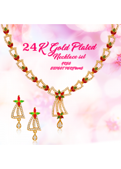 AH Gold Fashion 24K Gold Plated Green and Red Stone Design Necklace, AH3330