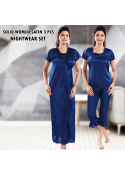City Solid Women Satin 3 Pcs Nightwear Set (Free Size), FD01