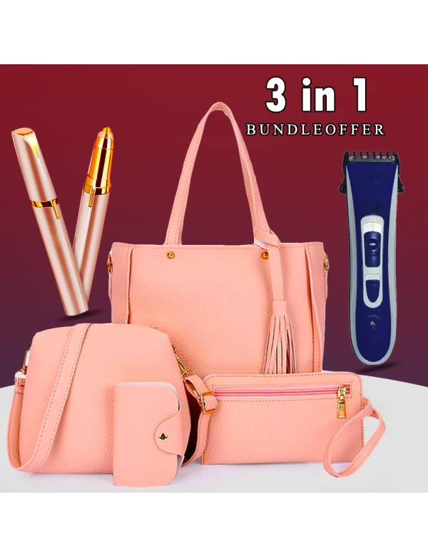 3 in 1 Bundle Offer, Ladies Fashion 4pcs Hand Bag, LBG1, Aknova  Rechargeable Hair Trimmer, Flawless