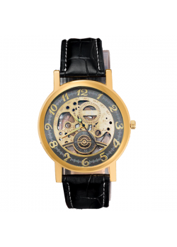 Quartz Luxury Leather Band Mechanical Design Transparent Dial Watch For Men, Q01