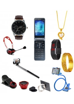 10 In 1 Bundle Offer,Excellent Mobile phone,LED Band Watch,Mobile Holder,Headphone,Selfie Stick,Clip Lens ,Mobile Phone Ring Holder,Nano Bangle,Dong Grurami Chain,Yazole 311 Watch