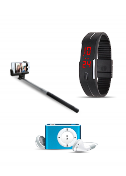 3 in 1 Bundle Offer, LED Band Watch, Mp3 Player, Selfie Stick