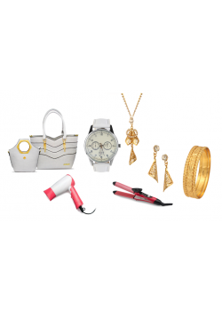 6 in 1 Ladies Accessories Bundle Offer, Kenz Ladies Fashion Bag, Yazole Watch, Sapna 22k Gold Plated Bangles, Hair Curler And Hair Straightener, Hair Dryer, Dong Gurami 22K Gold Plated Stone Necklace Set