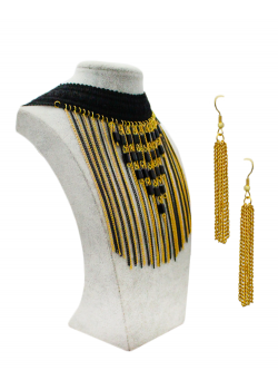 Nasrin Style Black Bead Gold Fringe Chain Bib Collar Necklace, HS10